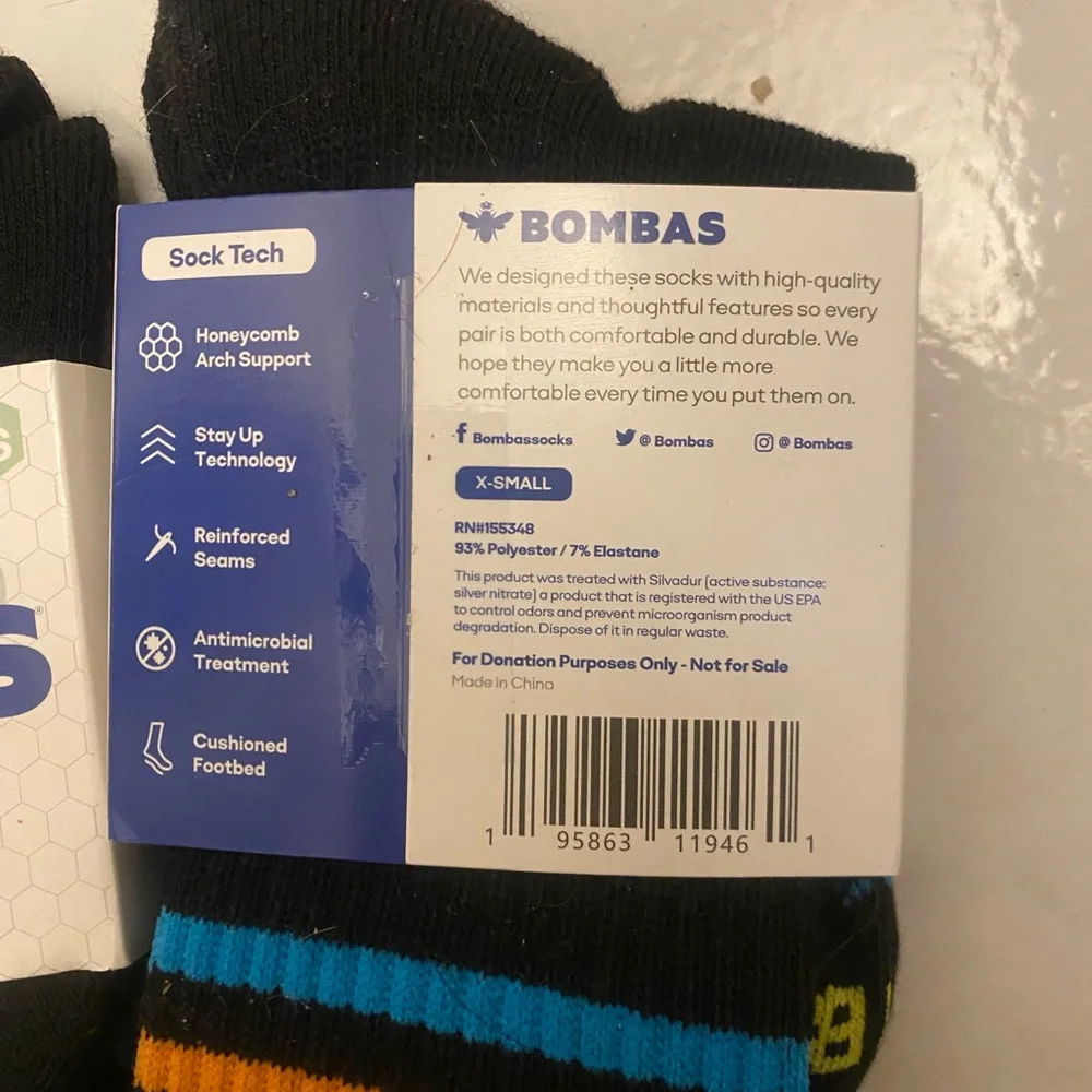 Bombas Black Kids crew Socks with Yellow & Orange Accents XS NWT 2 Pairs
